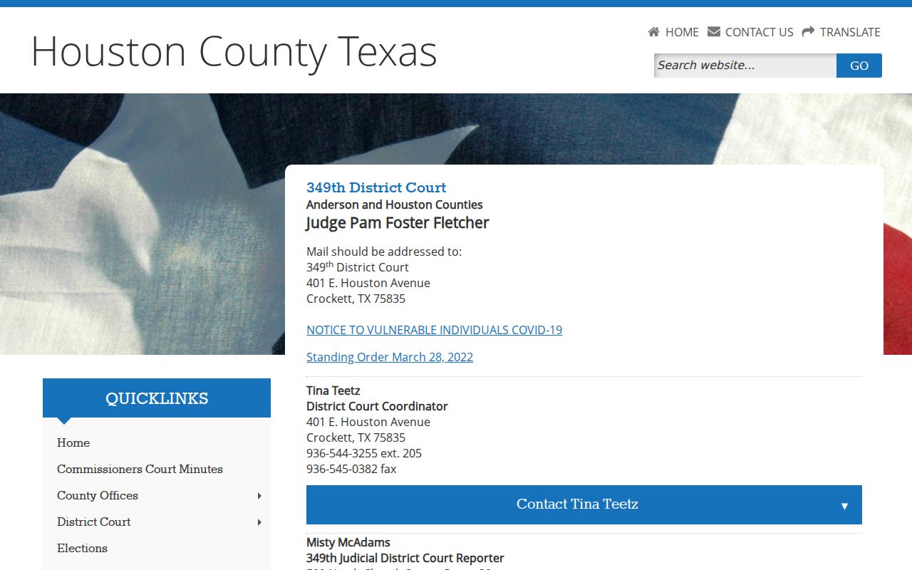 Houston County arrest warrant information: 349th District Court contact block